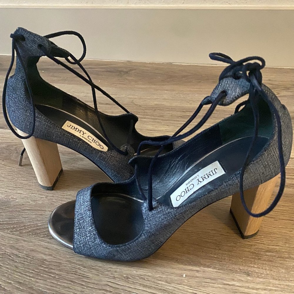 Jimmy Choo Vernie Denim Lace Up Sandal Indigo Wood Block Heel Size US 8/IT38